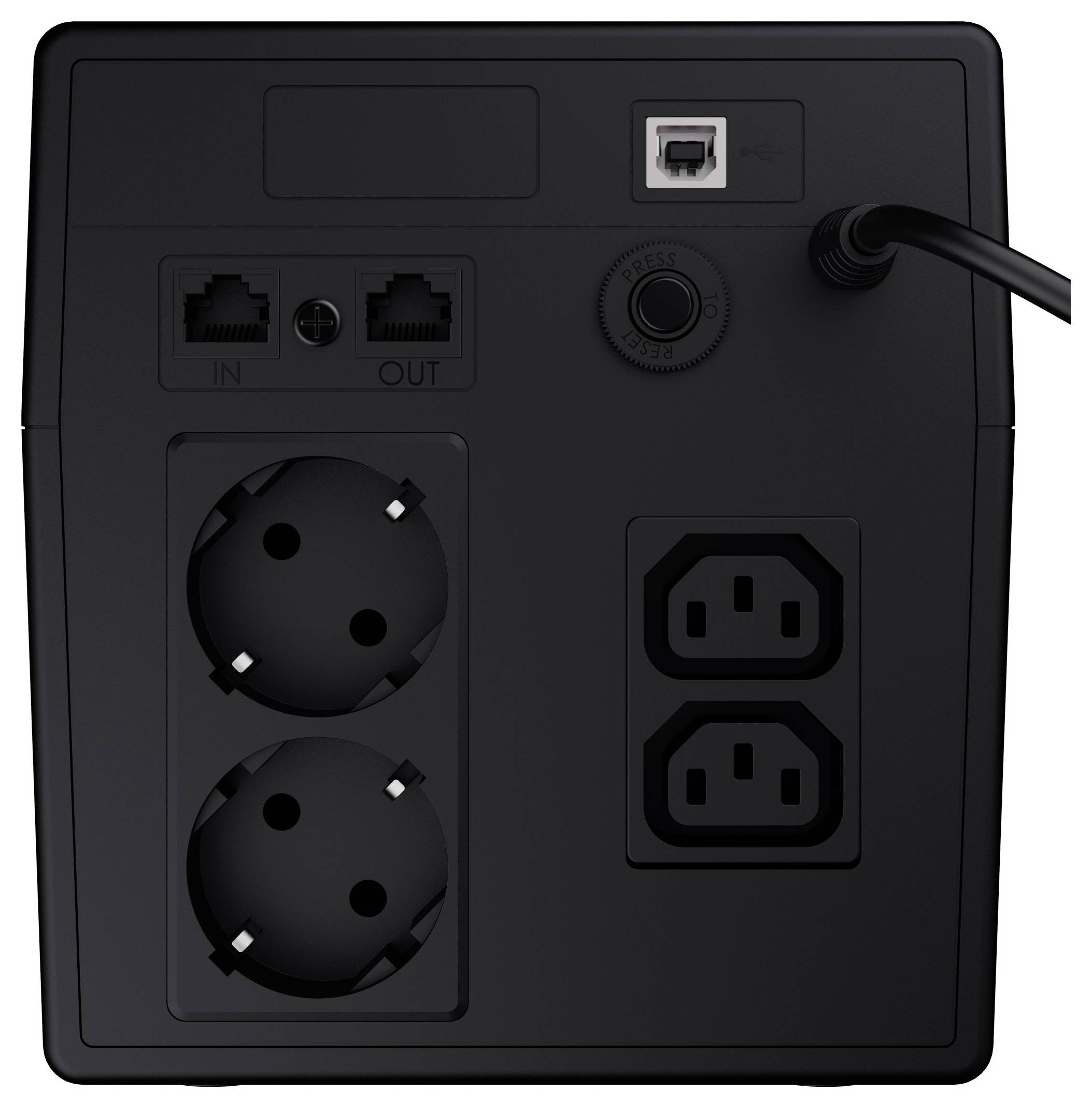 Le dos d'une unité d'onduleur présente deux prises Schuko, deux prises C13, des ports LAN et USB. En haut à gauche : RJ45 entrée/sortie.