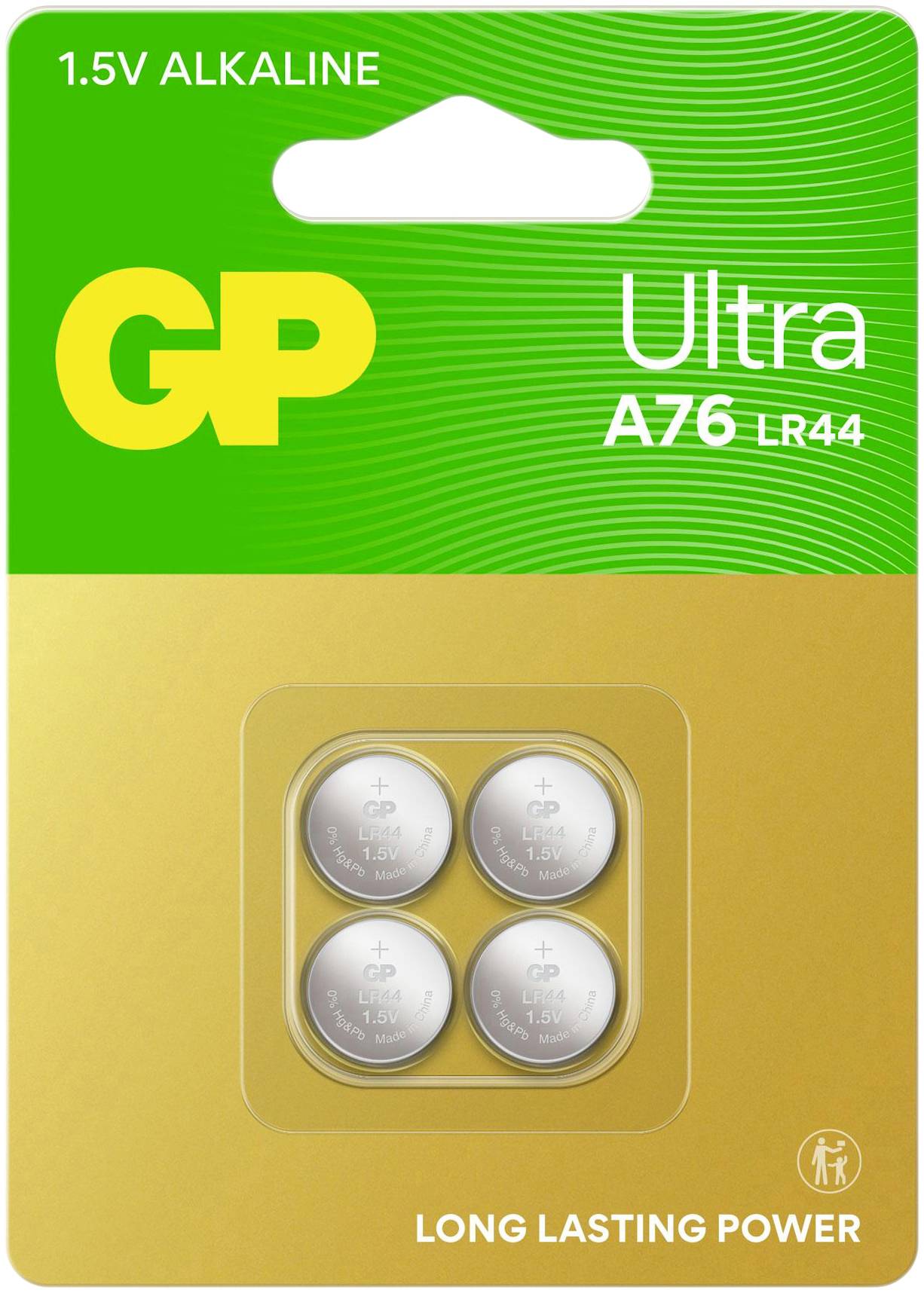 Emballage contenant quatre piles bouton alcalines GP Ultra+ A76 1,5V, présentées comme offrant une «LONGUE DURÉE».