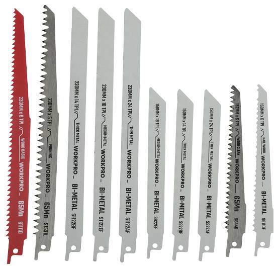 Un ensemble de dix lames de scie alternative de différentes tailles et designs de dents, étiquetées 'WORKPRO' et 'BI-METAL', adaptées pour couper le métal.