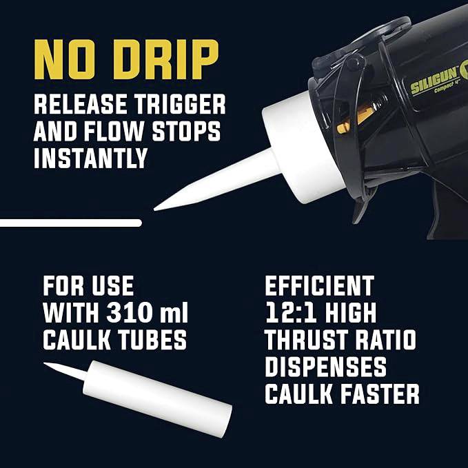 Pistolet noir en silicone pointant sur une cartouche. Texte : « Pas une goutte », « Rapport de poussée 12:1 », « Adapté pour tubes de 310 ml ».