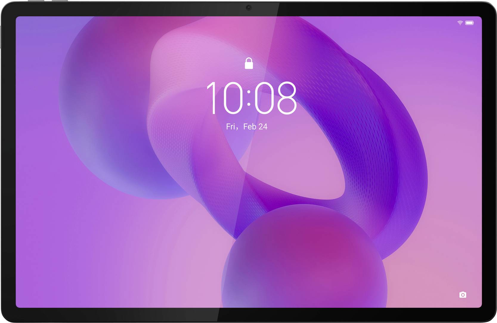 Tablette avec un écran de verrouillage. L'heure est 10h08 et la date est vendredi 24 février. Arrière-plan dans des tons de violet et de rose.