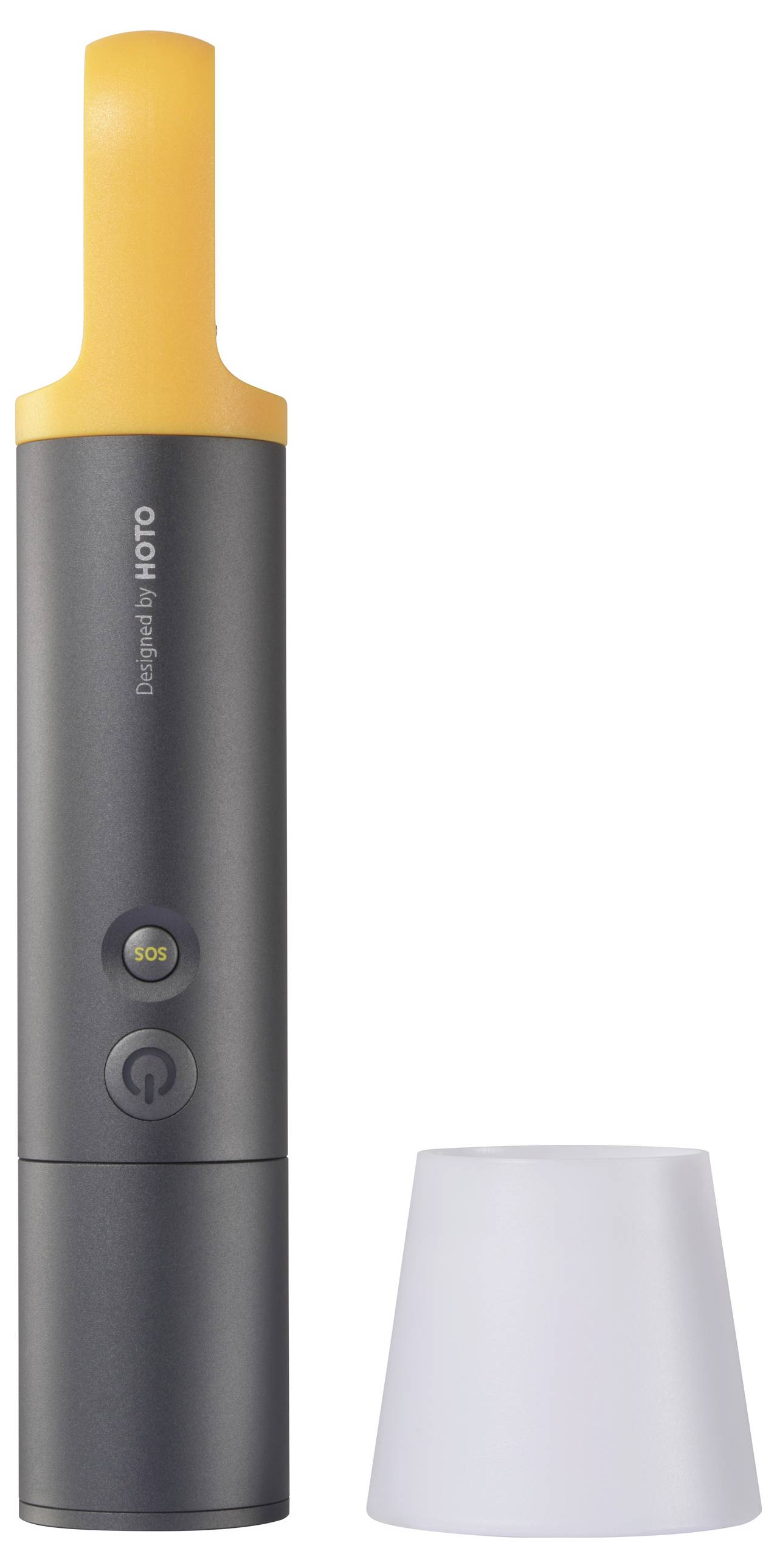 Lampe-torche portable SOS avec corps gris et poignée orange ; interrupteur et bouton SOS sur l'avant ; capuchon blanc.