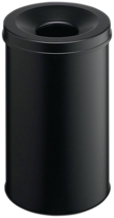 Poubelle cylindrique noire avec une ouverture ronde en haut, au design simple et moderne.