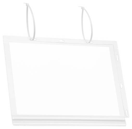 Un support transparent rectangulaire avec deux œillets en haut pour maintenir du matériel de présentation. Idéal pour les panneaux ou les présentoirs.