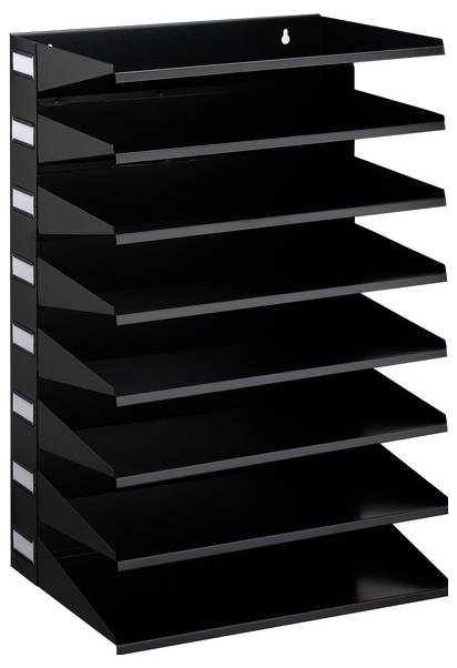 Étagère murale noire à sept niveaux, avec des tablettes inclinées, conçue pour empiler et organiser des documents ou des dossiers.