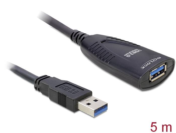 Un câble USB de 5 m avec connecteurs USB 3.0, adapté pour des transferts de données rapides.
