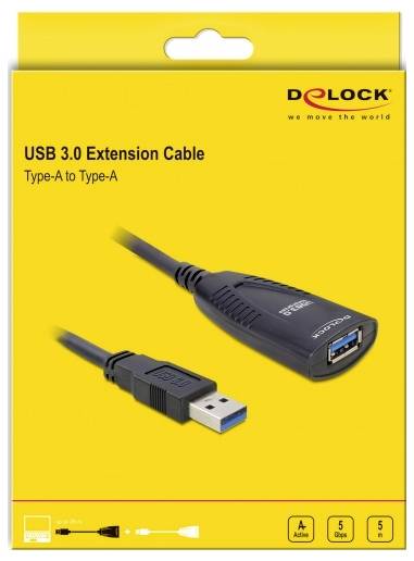 'Câble d'extension Delock USB 3.0, Type A vers Type A, noir, sur emballage jaune. Prend en charge la vitesse USB 3.0.'