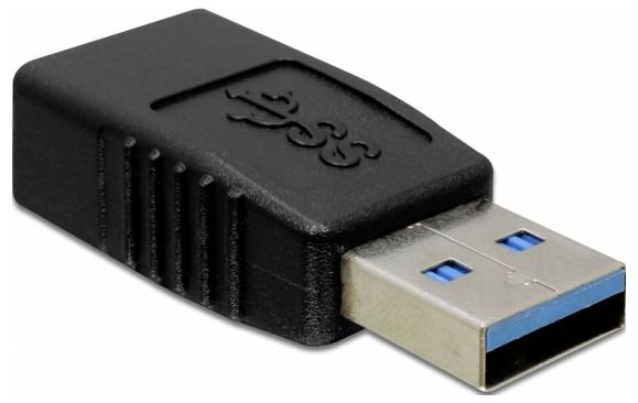 Adaptateur USB noir avec bande de contact bleue, logé dans un boîtier rectangulaire. Adapté pour connecter des appareils avec port USB.