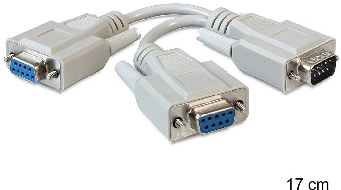 Câble en Y avec trois connecteurs VGA en gris, deux fiches femelles et une fiche mâle, longueur 17 cm.