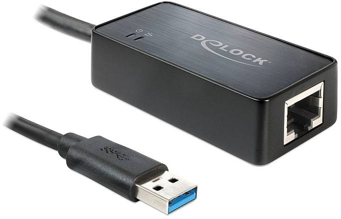 Un adaptateur noir avec une fiche USB 3.0 sur le côté gauche et un port Ethernet sur le côté droit, de la marque 'Delock'.