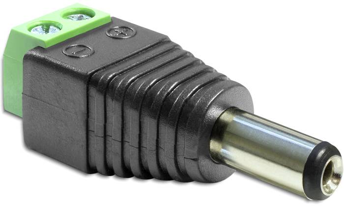 Une prise DC noire, avec un bloc de connexion vert et deux vis pour la fixation du câble, en plastique et en métal.