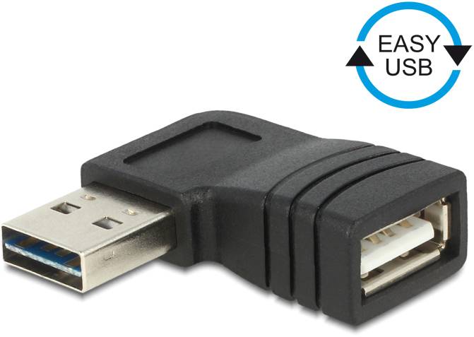 Un adaptateur USB noir coudé avec une connexion USB-A mâle à gauche et une connexion USB-A femelle à droite. En haut à droite, un symbole portant l'inscription 'EASY USB'.