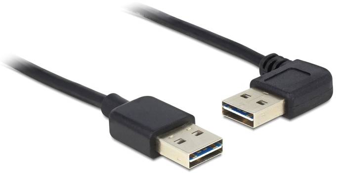 Deux câbles USB noirs avec des connecteurs standard A à leurs extrémités. Le connecteur de droite est coudé. Adaptés pour les transferts de données.