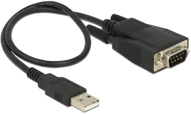 Adaptateur USB vers série avec câble noir et port VGA, utilisé pour connecter des appareils anciens aux ordinateurs modernes.
