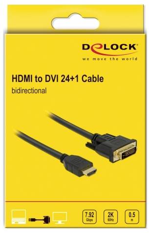 Câble de raccordement Delock HDMI / DVI Fiche mâle HDMI-A, Fiche mâle DVI-D 24+1 pôles 0.5 m noir 85651 blindage triple, contacts