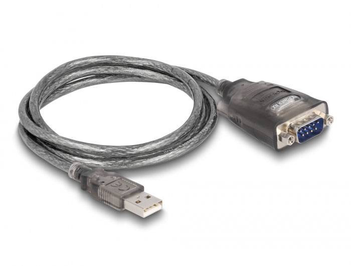 Un câble adaptateur USB vers série avec une fiche USB et une fiche série DB9.