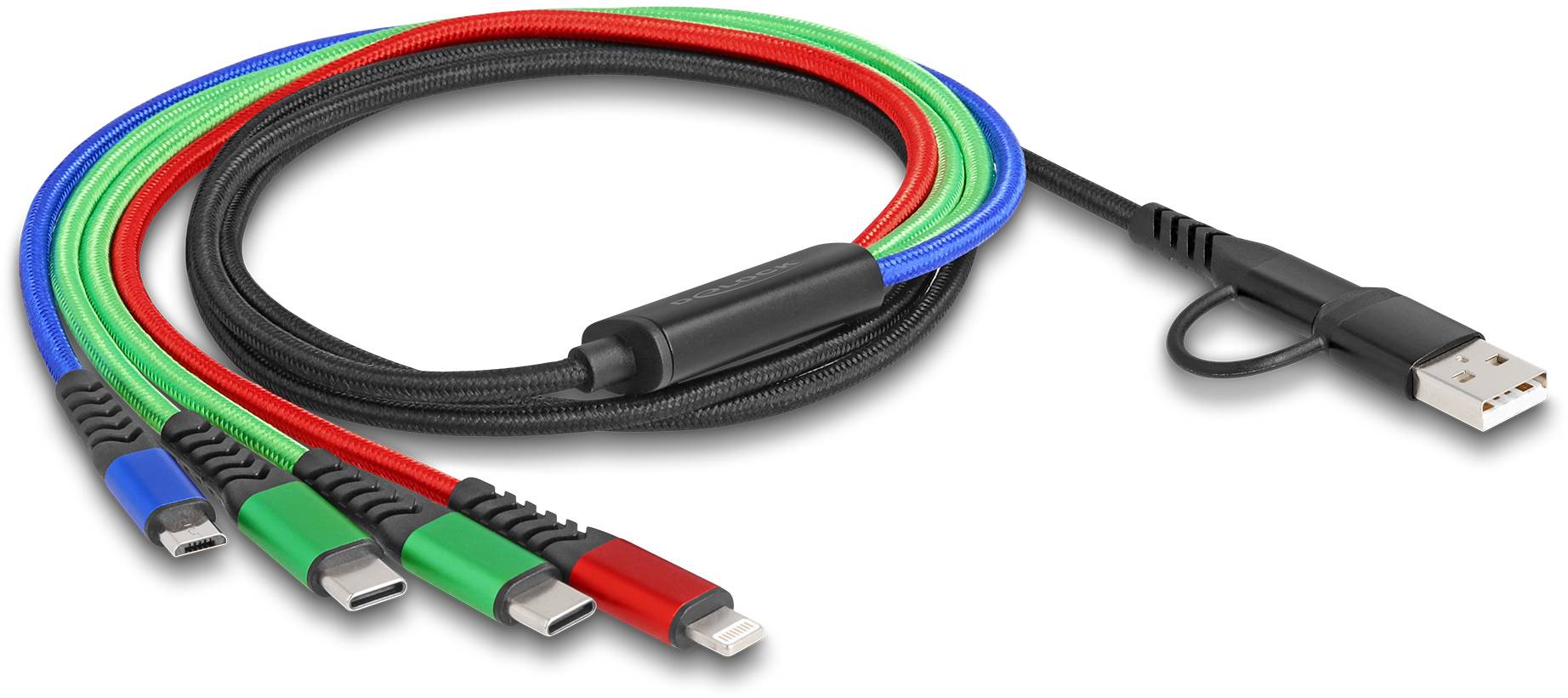 Câble USB multicolore avec quatre extrémités en bleu, vert, rouge et noir sur une gaine noire. Toutes les extrémités sont équipées de connecteurs USB-C.