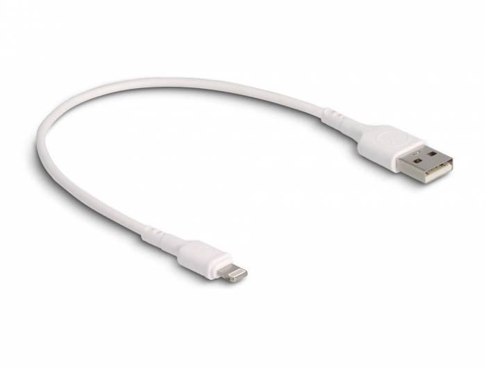 Un câble USB blanc avec une fiche USB standard à une extrémité et un connecteur Lightning à l'autre extrémité.