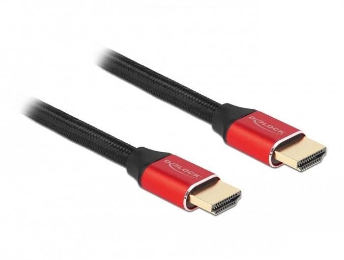 Deux câbles HDMI avec fiches rouges et câble noir, adaptés aux connexions audio et vidéo, sur fond blanc.