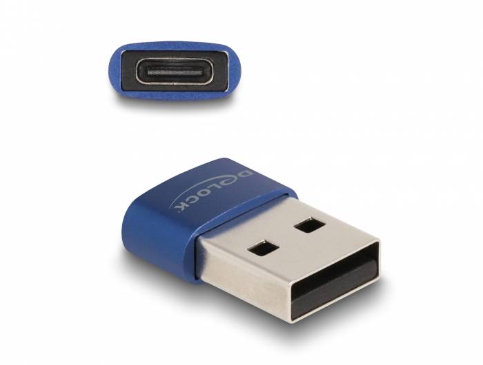 Adaptateur USB avec port USB d'un côté et port USB-C de l'autre, dans un boîtier bleu.