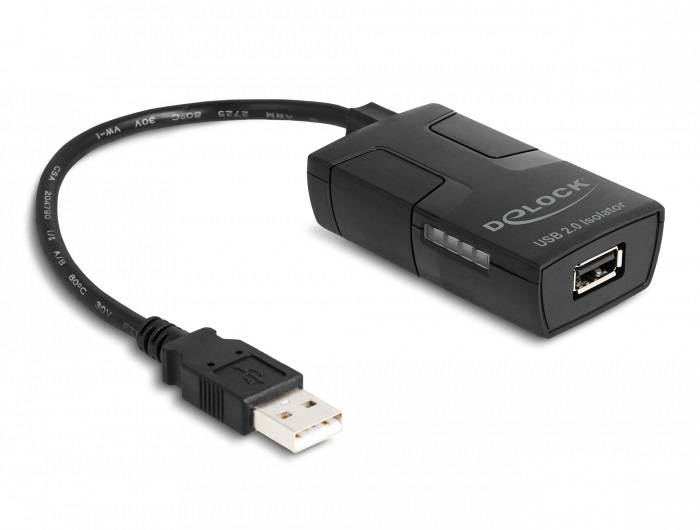 Isolateur USB 2.0 noir de Delock avec connecteur USB-A vers port USB-A, adapté à l'isolation et à la sécurisation des connexions USB.