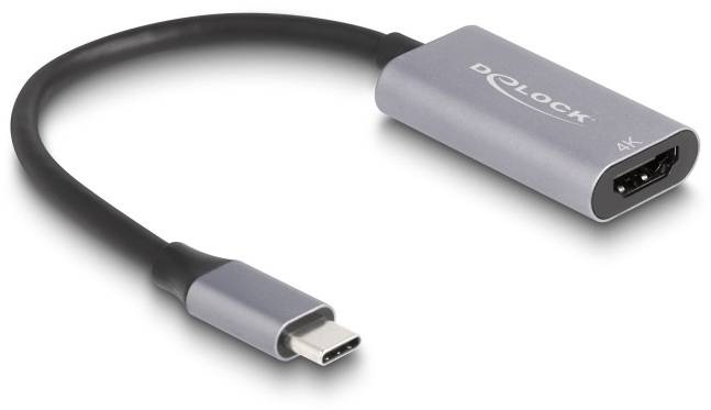 Adaptateur USB-C vers HDMI, gris, avec un câble court. Idéal pour connecter des appareils modernes à des écrans compatibles HDMI pour une transmission en 4K.