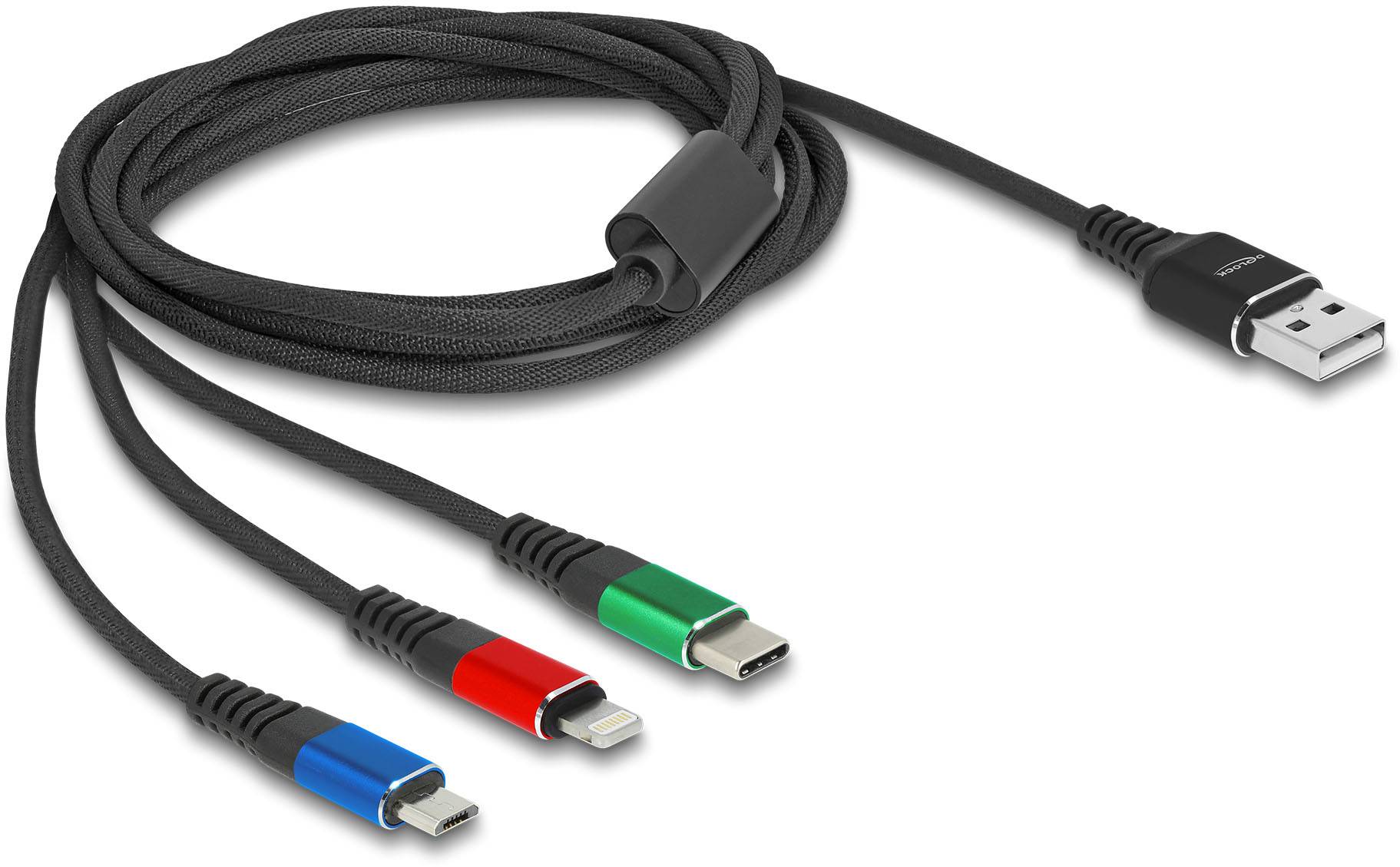 Un câble USB noir avec trois connecteurs différents : Micro-USB (rouge), Lightning (bleu) et USB-C (vert).
