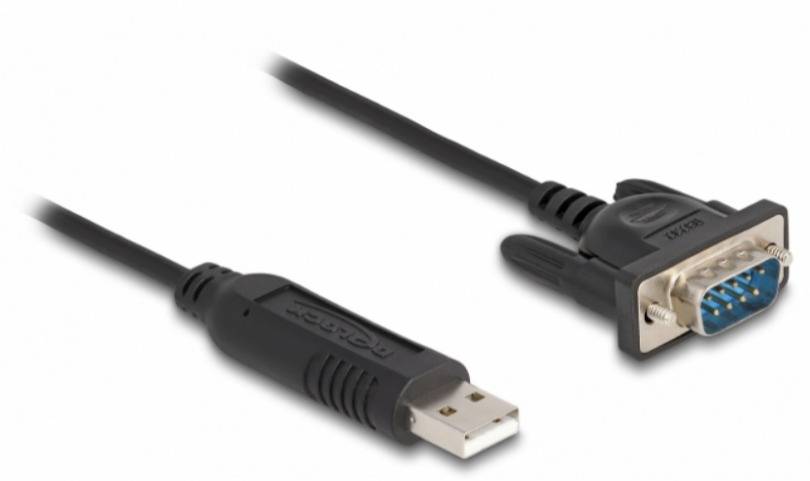 Câble adaptateur USB-série avec connecteur USB à gauche et port DB9 à droite. Adapté pour la connexion entre des périphériques USB et RS232.