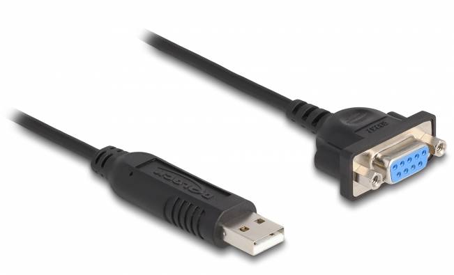Un câble adaptateur USB vers série, côté gauche avec une fiche USB-A, côté droit avec un connecteur série à 9 broches, câble noir.