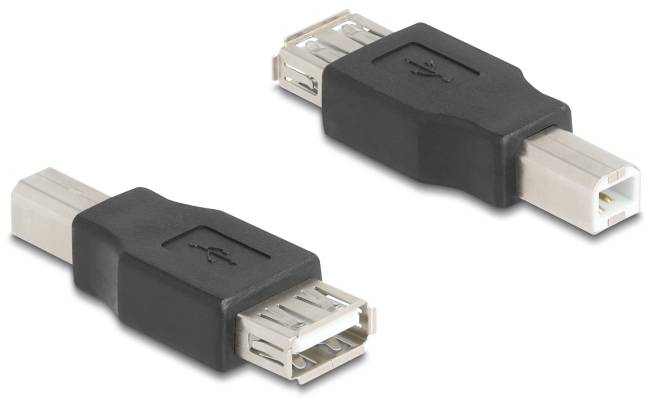 Deux adaptateurs USB noirs : l'un avec une fiche USB-A et une prise USB-C, l'autre avec une prise USB-A et une fiche USB-B.