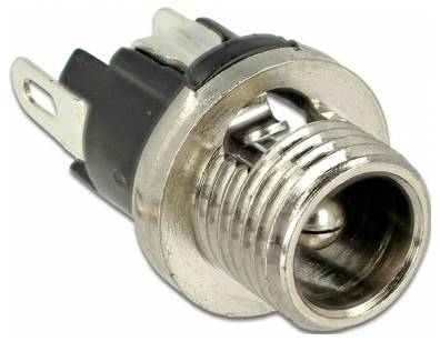 Douille métallique à deux contacts, adaptée aux composants électroniques. Présente une forme cylindrique filetée.