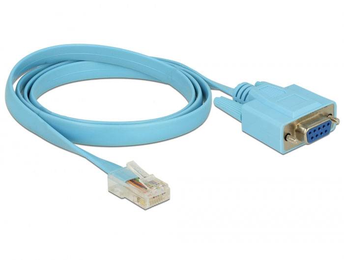 Un câble bleu clair avec une fiche VGA à une extrémité et une fiche RJ45 à l'autre, adapté pour les connexions réseau.