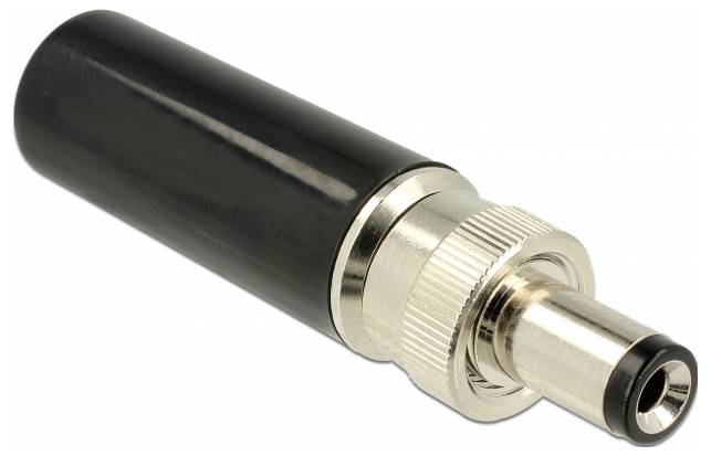Adaptateur noir et argenté avec boîtier métallique strié, adapté pour connecter des appareils électroniques.