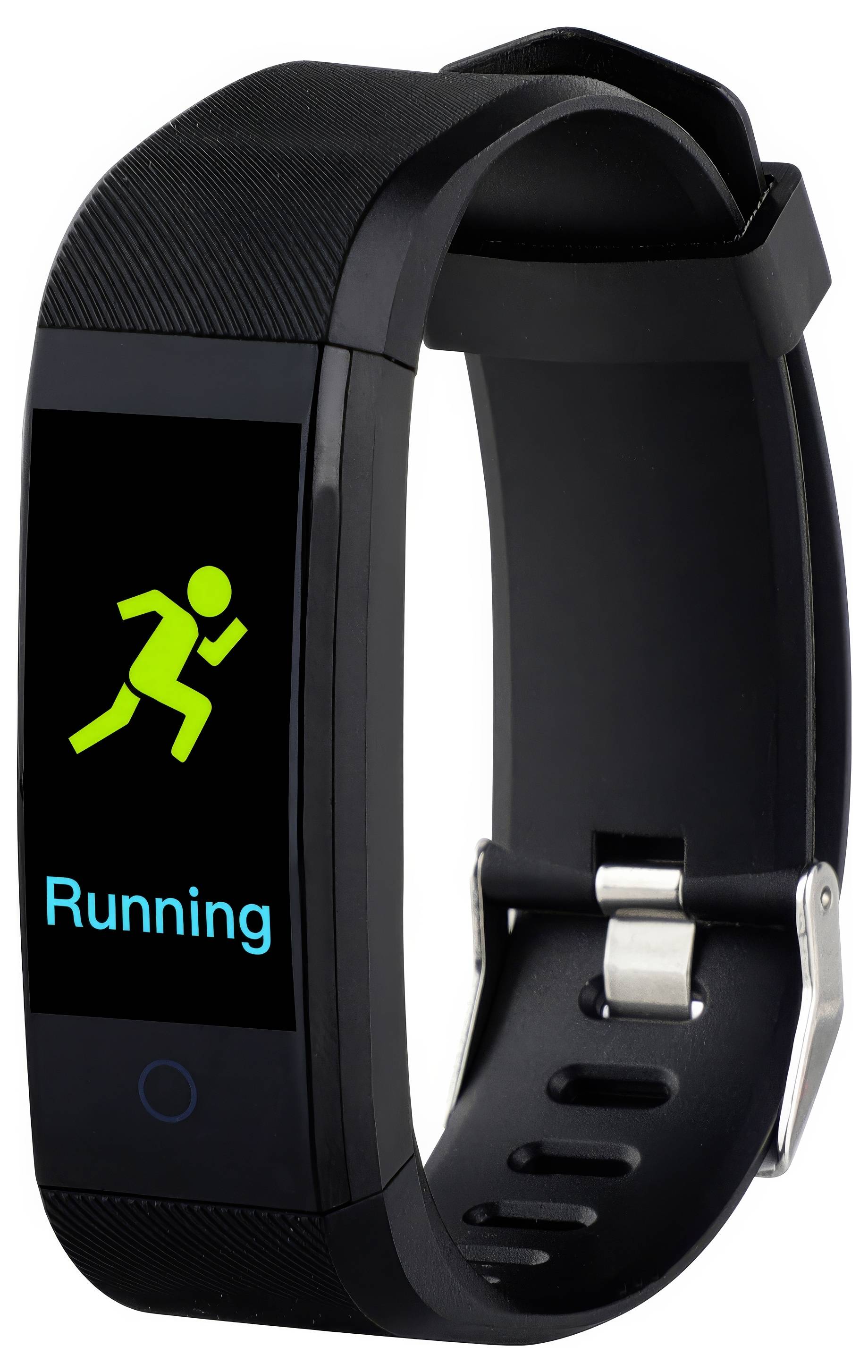 Montre de fitness noir et gris avec un écran affichant un symbole de personnage en train de courir et le mot 'Running'.