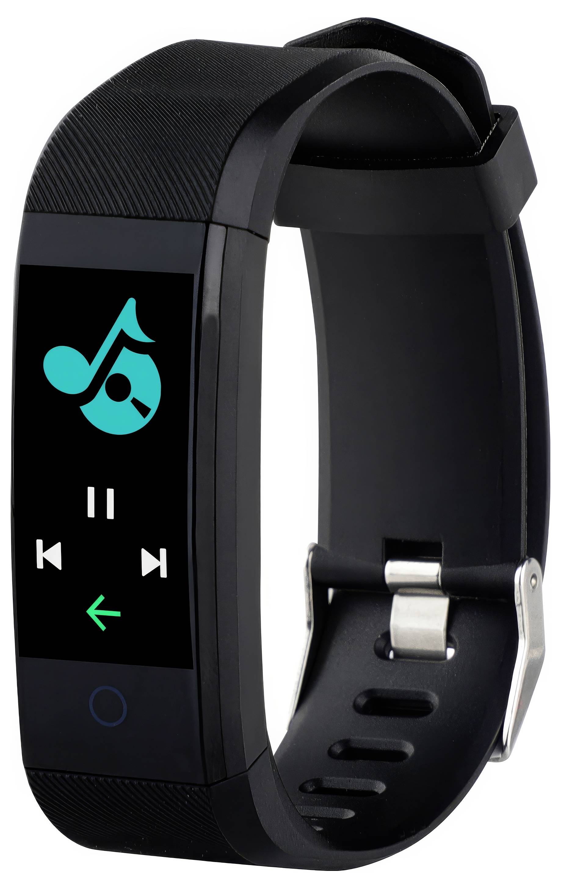 Un bracelet noir avec un écran numérique affichant des symboles de contrôle musical : un symbole de note vert, Play/Pause et des touches fléchées.
