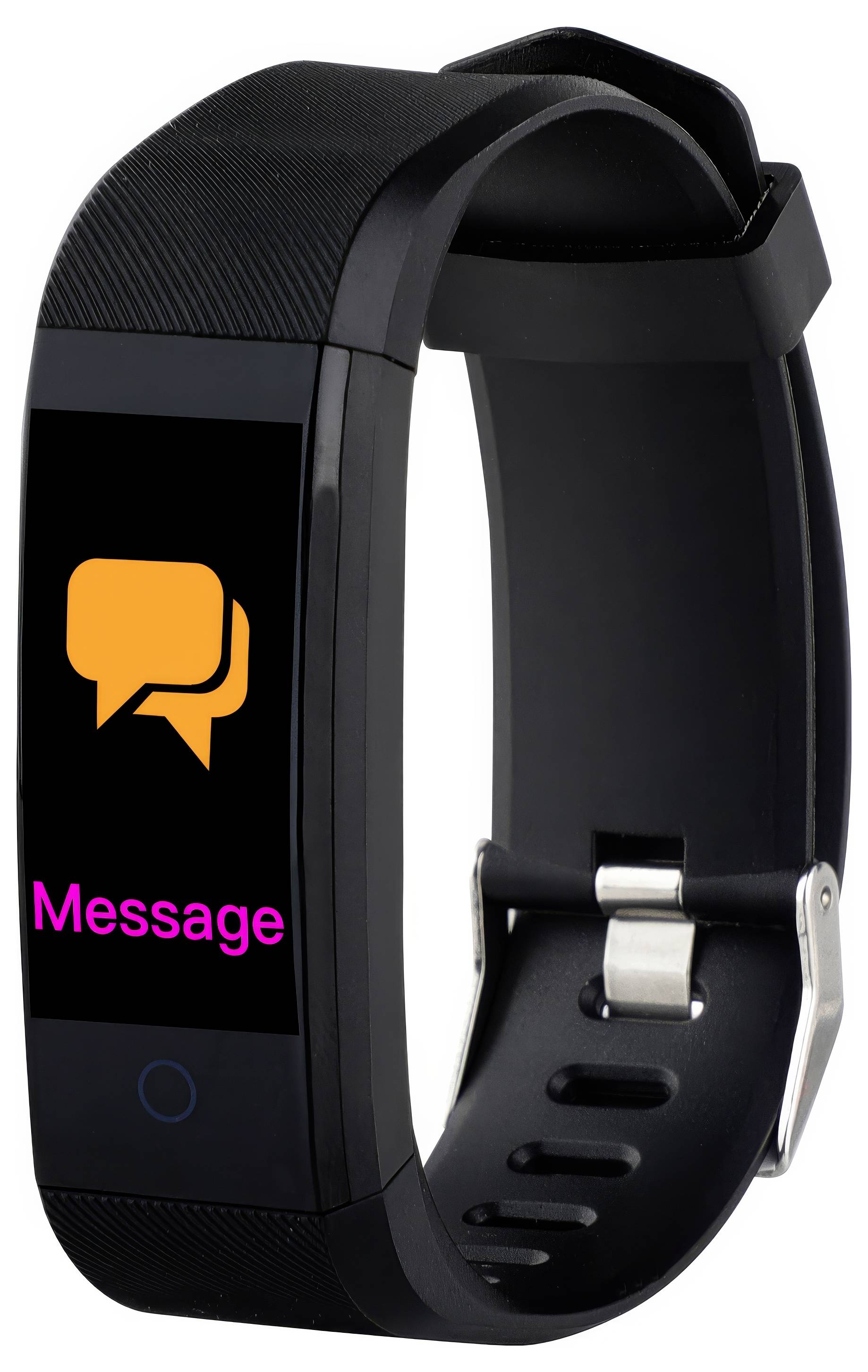 Une montre connectée noire avec un indicateur de symbole de message et le mot 'Message' en rose sur l'écran.