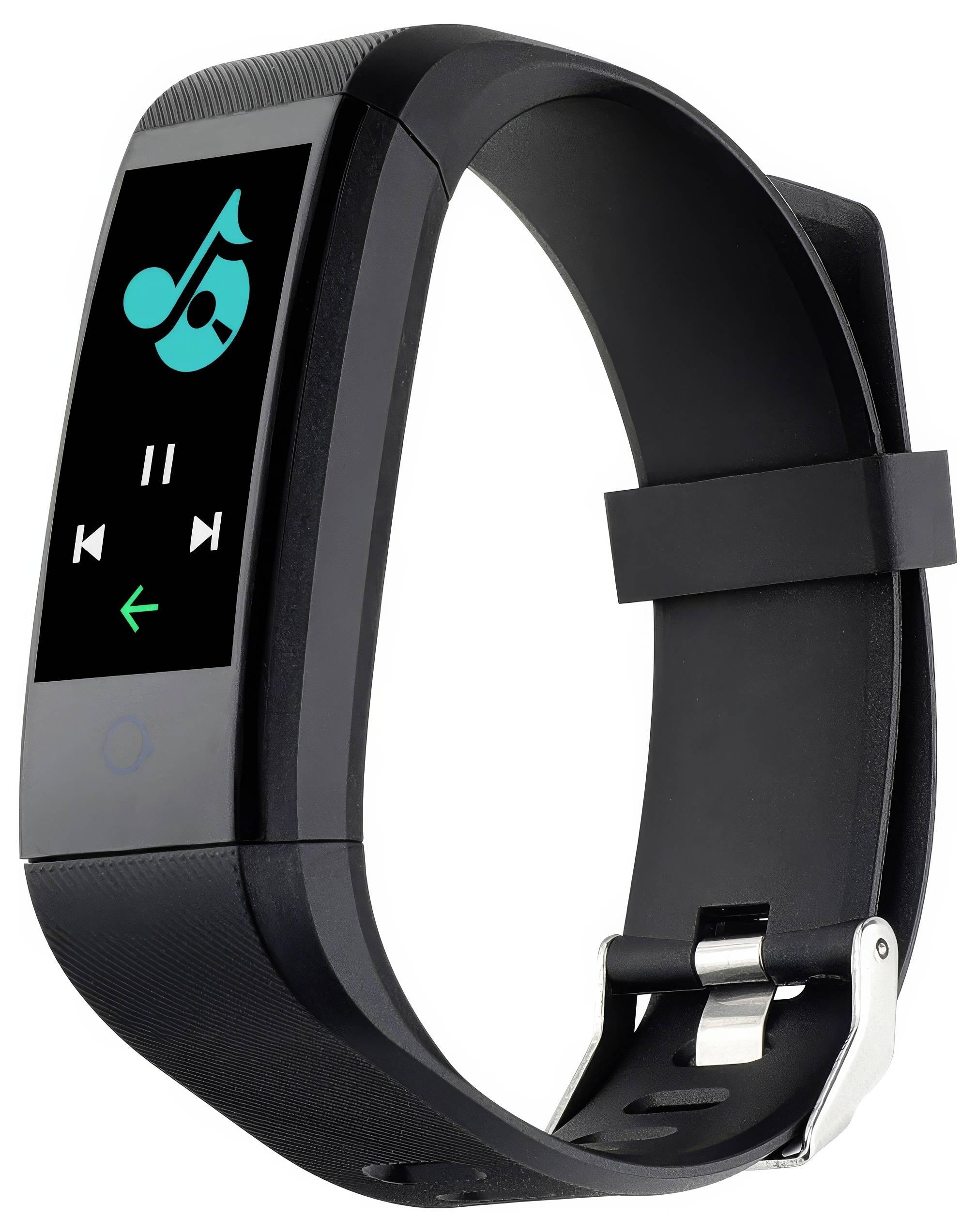 Bracelet de fitness noir avec lecteur musical sur l'écran, affichant le symbole de lecture et les touches de navigation avant/arrière.
