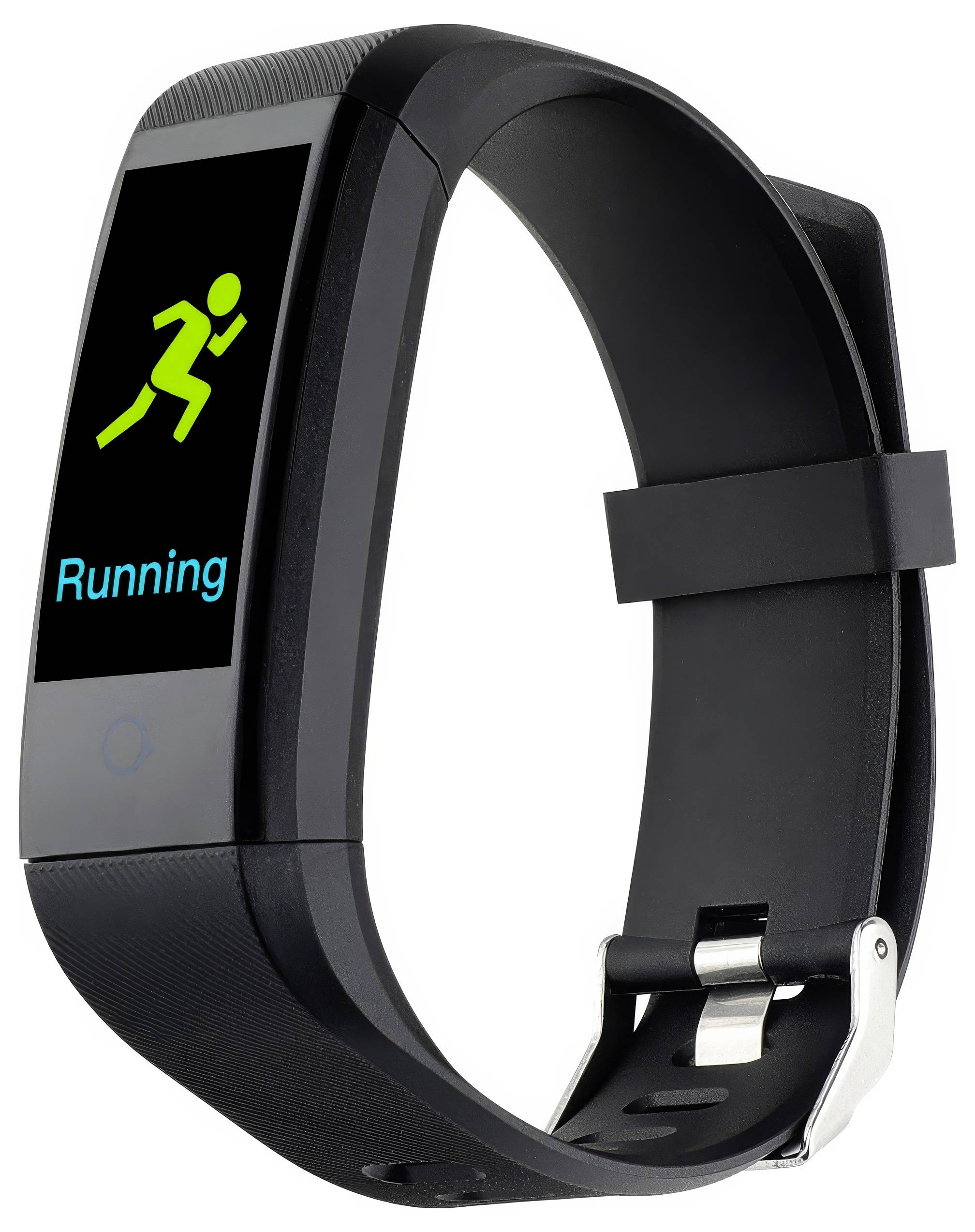 Bracelet de fitness noir avec écran affichant une icône verte d'une personne en train de courir et le mot 'Running'.