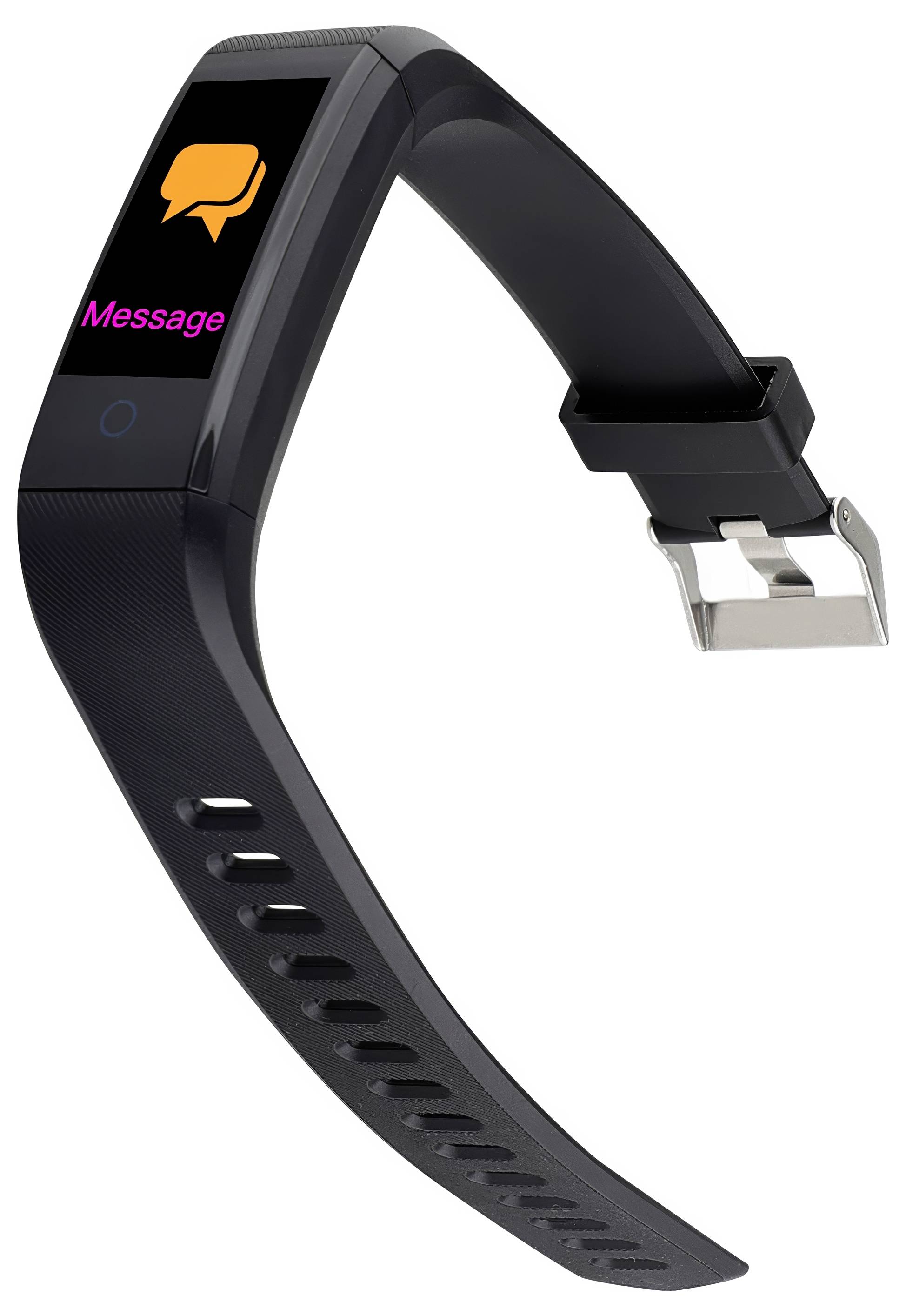Une montre connectée noire avec un écran rectangulaire affiche une bulle de dialogue jaune et le mot 'Message' en rose.