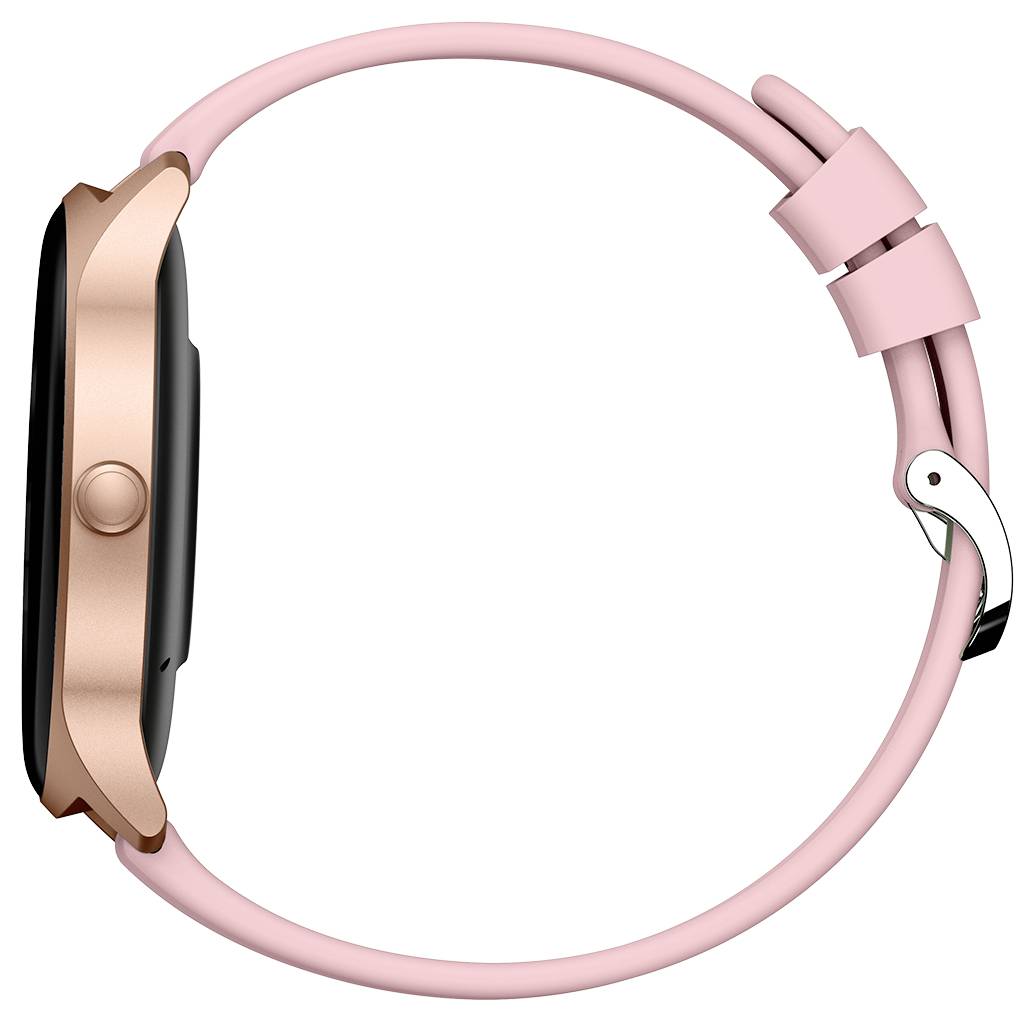 Une smartwatch en or rose avec un bracelet rose, vue de côté.