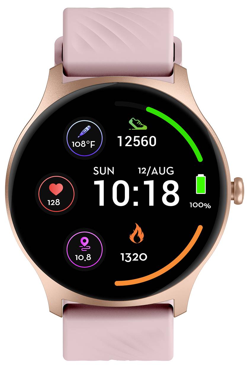 Une montre connectée avec un bracelet rose affiche les données suivantes : pas (12 560), calories brûlées (1 320), pouls (128 bpm), température (42,2°C) et heure (10:18).
