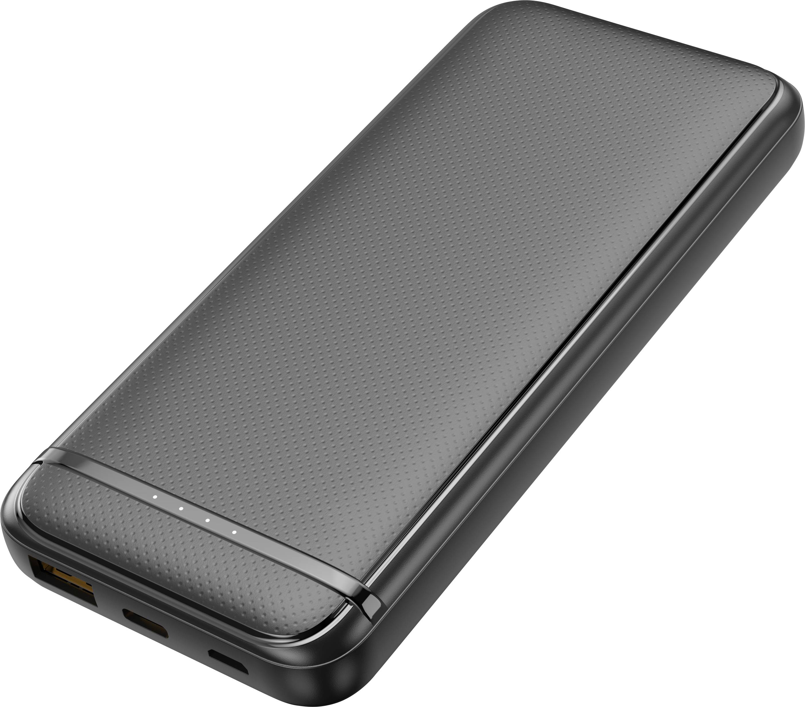 Batterie externe portable noire aux coins arrondis, avec une surface texturée et plusieurs ports situés sur la face inférieure.