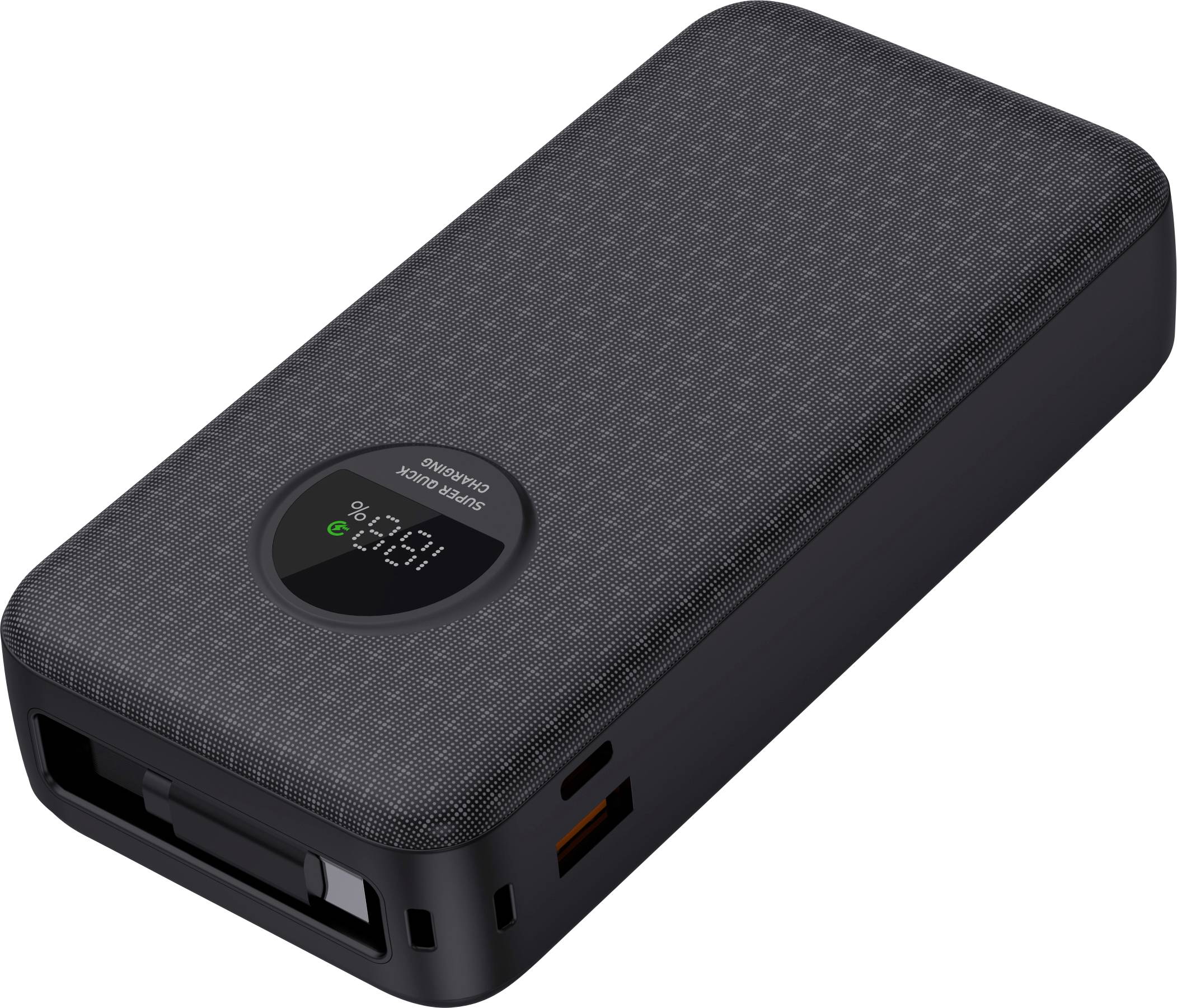 Une batterie externe noire avec un écran numérique affiche l'état de charge. Elle dispose de plusieurs ports de recharge.