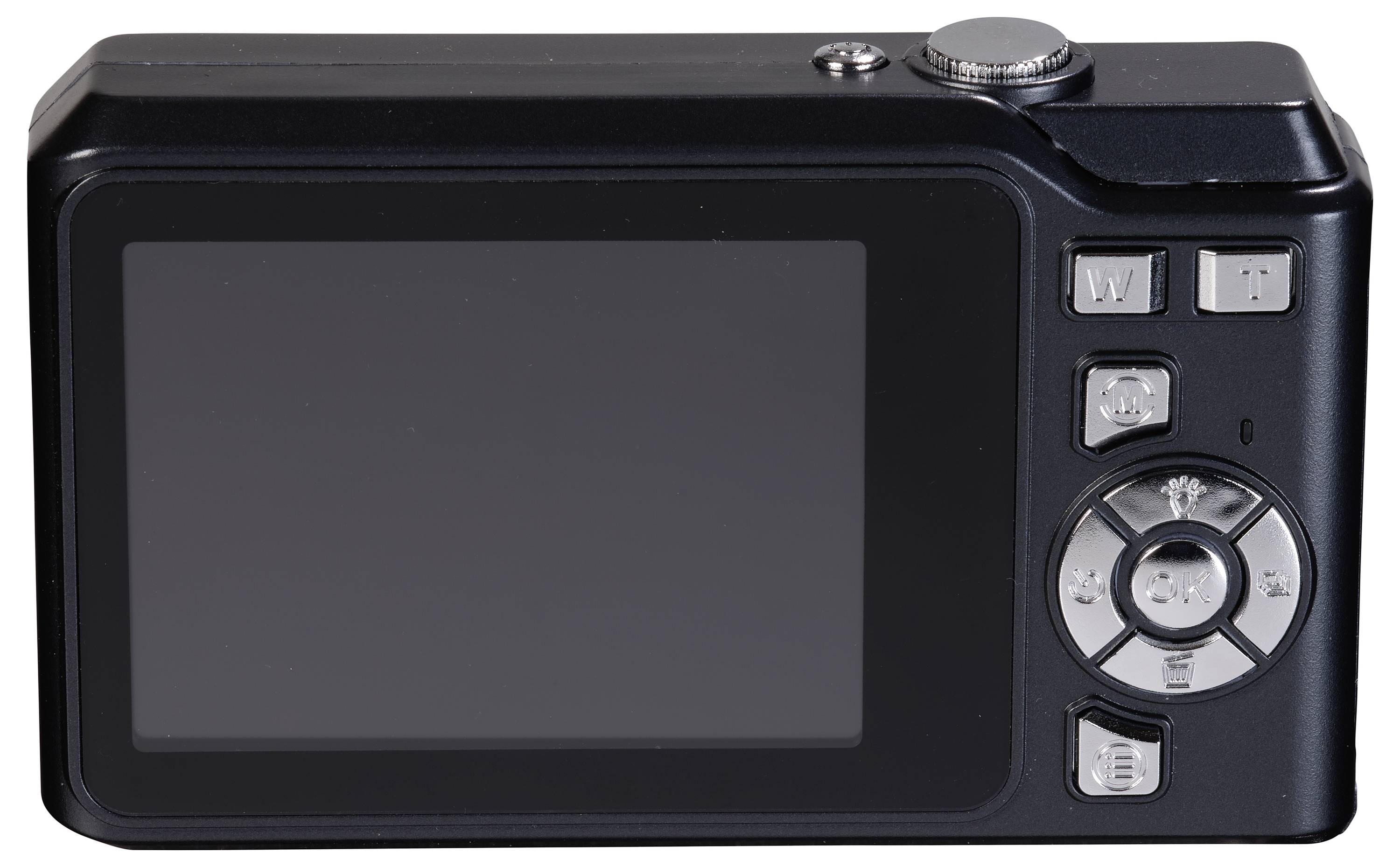 Le dos d'un appareil photo numérique avec écran LCD et touches de commande, comprenant des touches de zoom et de navigation.