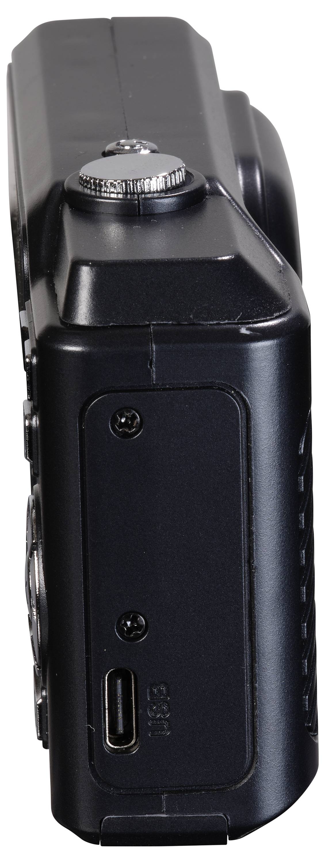 Appareil photo compact, vue latérale avec port USB visible.
