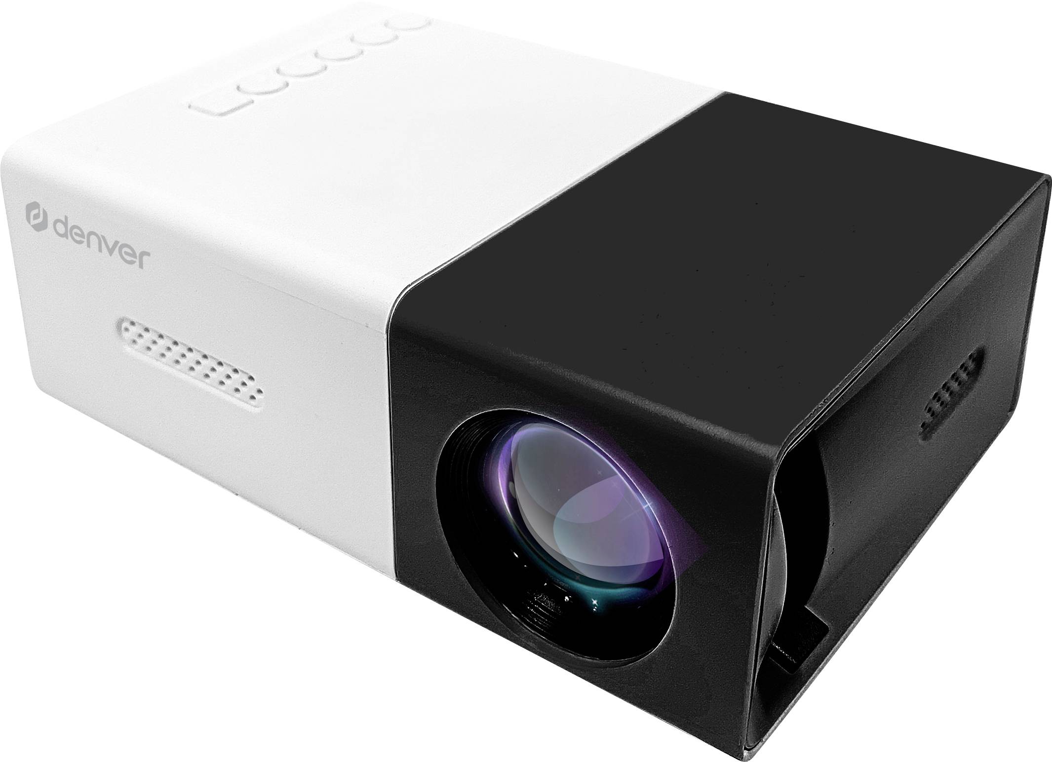 'Image d'un projecteur portable blanc et noir avec objectif visible à droite.'