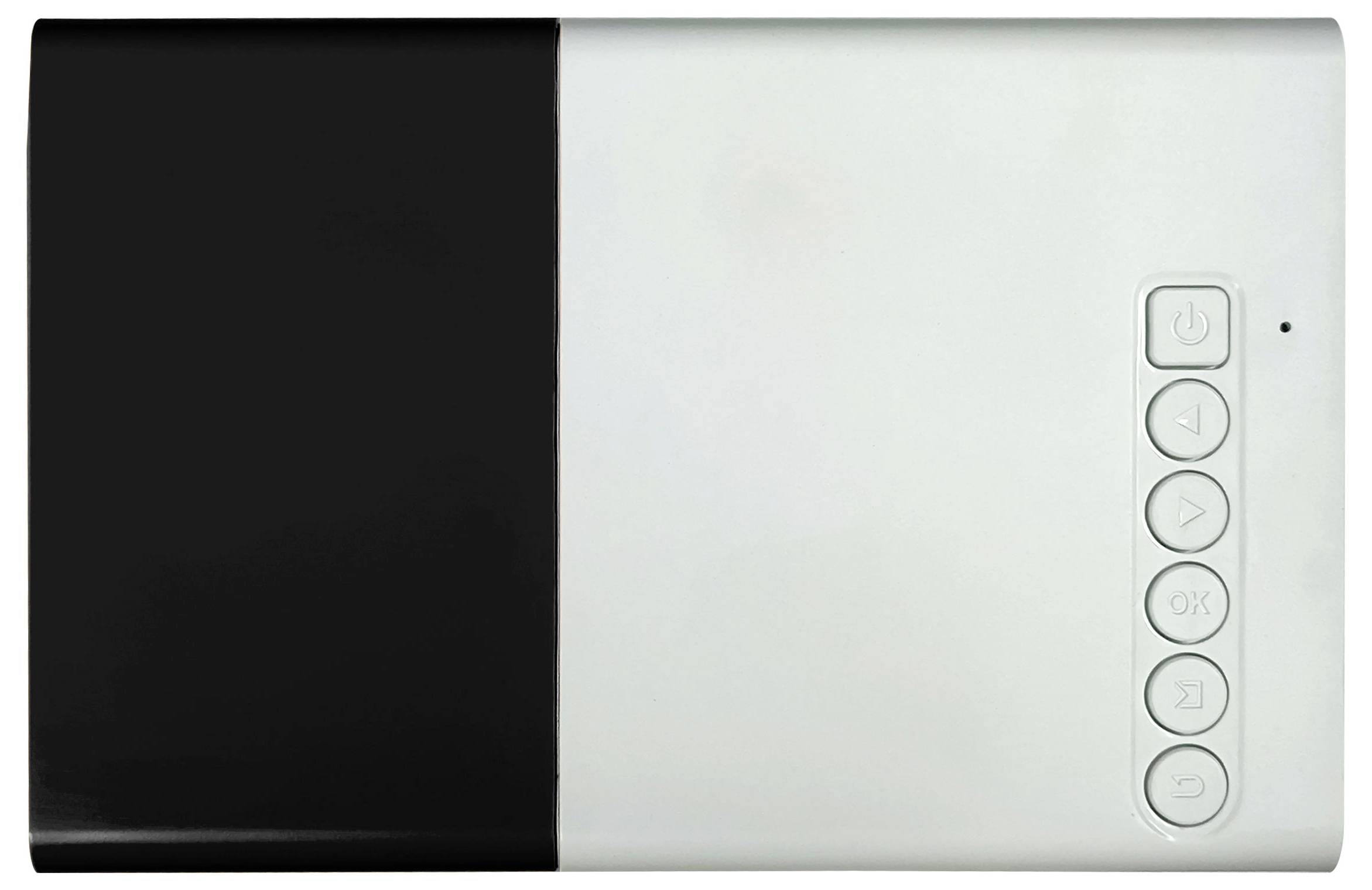 Un appareil électronique rectangulaire avec un boîtier blanc et une zone noire à gauche, avec des boutons de commande à côté.