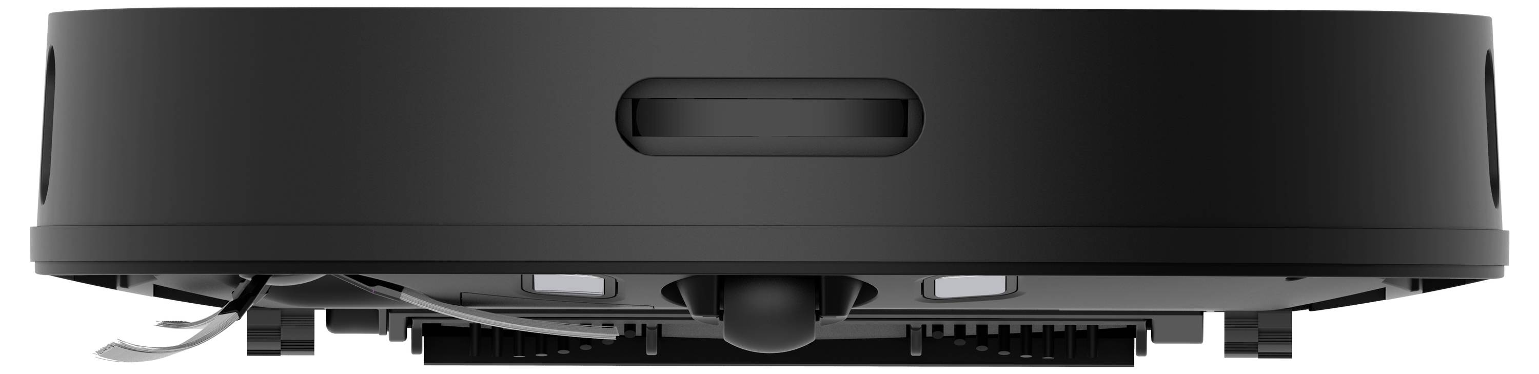 Un robot aspirateur noir vu de côté, avec des capteurs et des brosses visibles.