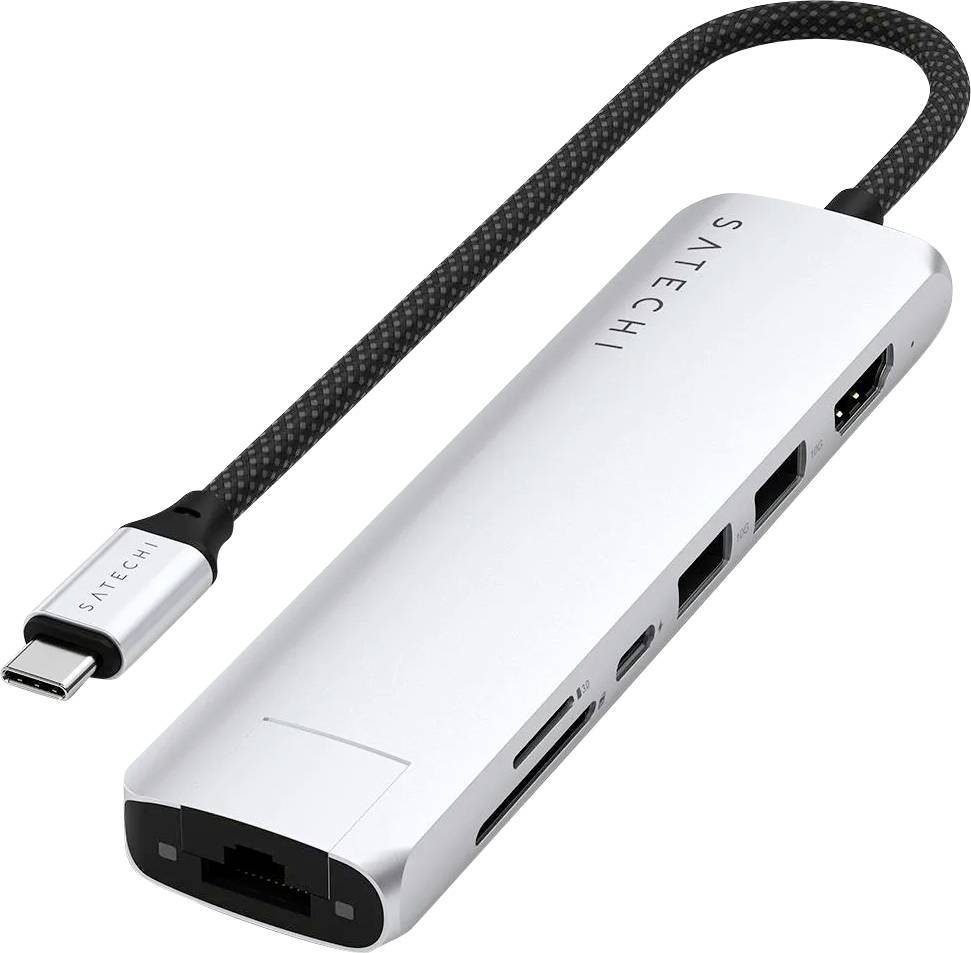 Un hub USB-C argenté avec plusieurs ports, comprenant HDMI, USB-A, Ethernet et des emplacements pour cartes. Adapté aux ordinateurs portables.