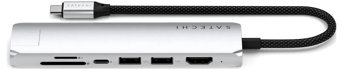 Hub USB-C en aluminium avec plusieurs ports : lecteurs de cartes SD, deux ports USB, un port HDMI et un port Ethernet. Câble gainé de nylon.